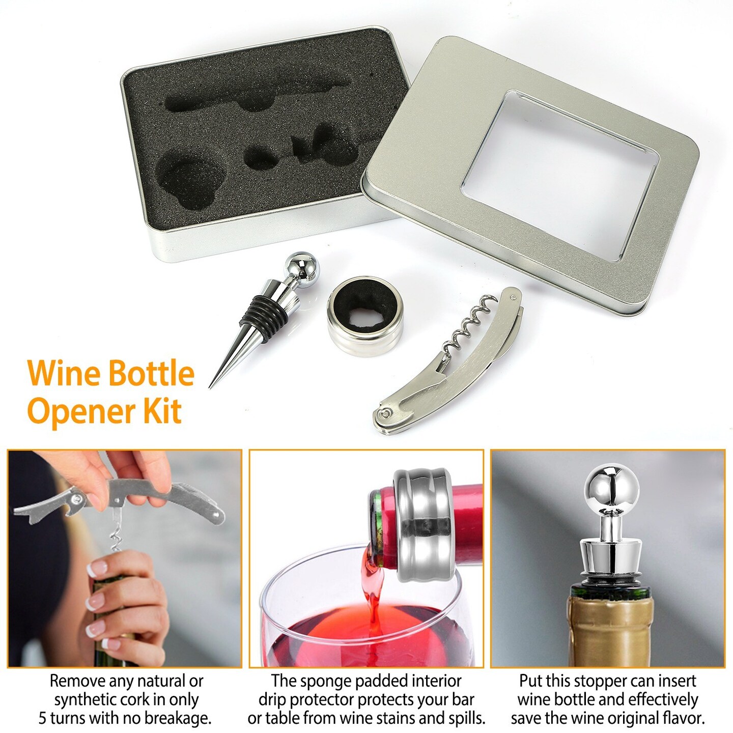 3Pcs Corkscrew Bottle Opener Set Tool - Foil Cutter Drip Collar Protector Cork Stopper Wine Bottle Cap Opener
