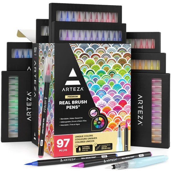 Arteza Blendable Ink Real Brush Tip Artist Brush Pens Set, Assorted Colors,  Non-Toxic - 96 Pack 