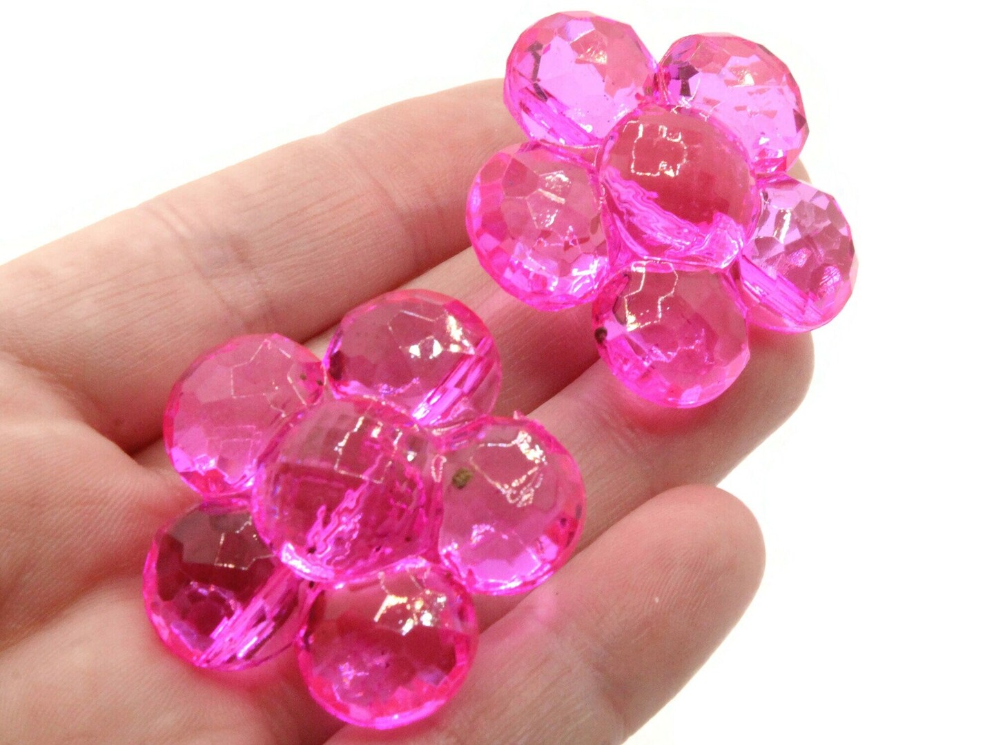 2 35mm Large Bright Pink Flat Faceted Flower Plastic Shank Buttons