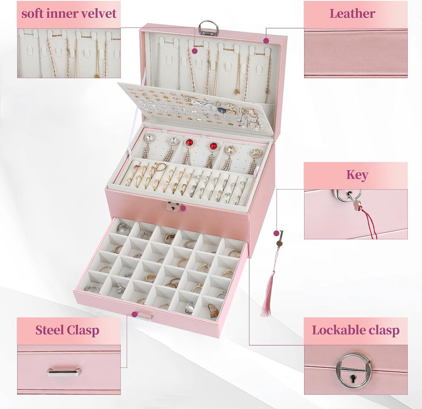 5-Layer Earring Jewelry Box with Lock – Stud, Necklace, Ring Organizer for Women and Girls
