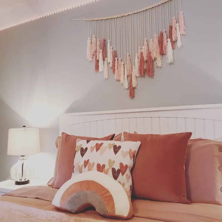 Blush Pink Macrame Wall Hanging Boho Decor Blush Pink Room Decor Tassel Garland Wall Decor with Wood Beads for Bedroom Living Room Nursery Decor