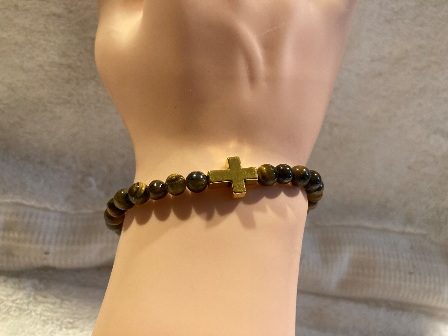 Cross Bracelet Gold Metal Cross Brown Tiger's Eye 4mm Beads Religious