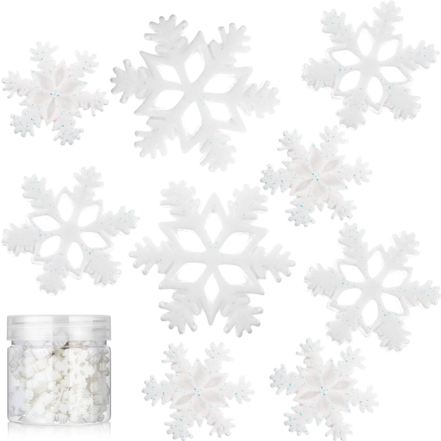 50 Pieces Mini Snowflake for Craft Tiny Resin Small Christmas Embellishment Snow Shaped Craft Decoration with Storage Box for Winter Party DIY Home Decor, 3 Sizes (White)