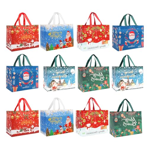12 Pieces Large Reusable Christmas Tote Bags with Handles, Christmas Treat Bags, Multifunctional Non-Woven Christmas Bags for Gifts Wrapping, Shopping, Xmas, Party Favor Bags, 12.8&#x22; x 9.8&#x22; x 6.7&#x22;