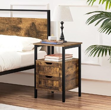 Nightstands Set of 2, Rustic Brown, Wood Bedside Table with 2 Drawer and Open Shelf, Bedside Cupboard Storage Cabinet Unit with Metal Frame for Bedroom/Small Space
