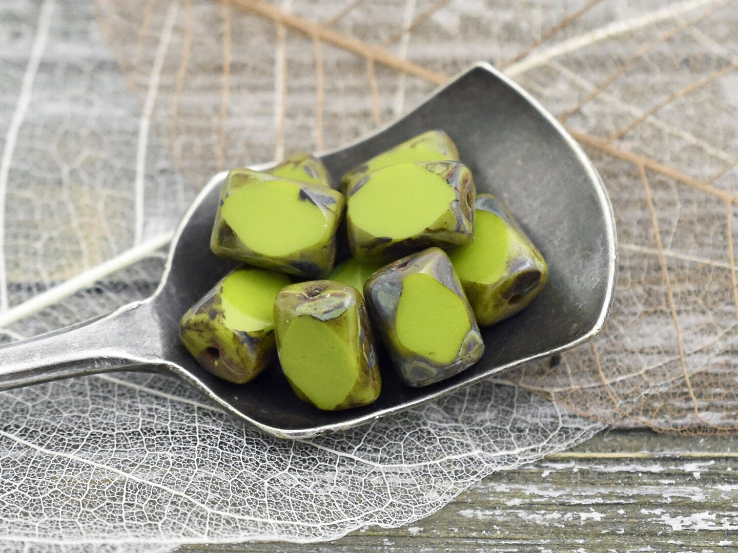 *20* 7x10mm Chartreuse Picasso Table Cut Chicklet Rectangle Beads
