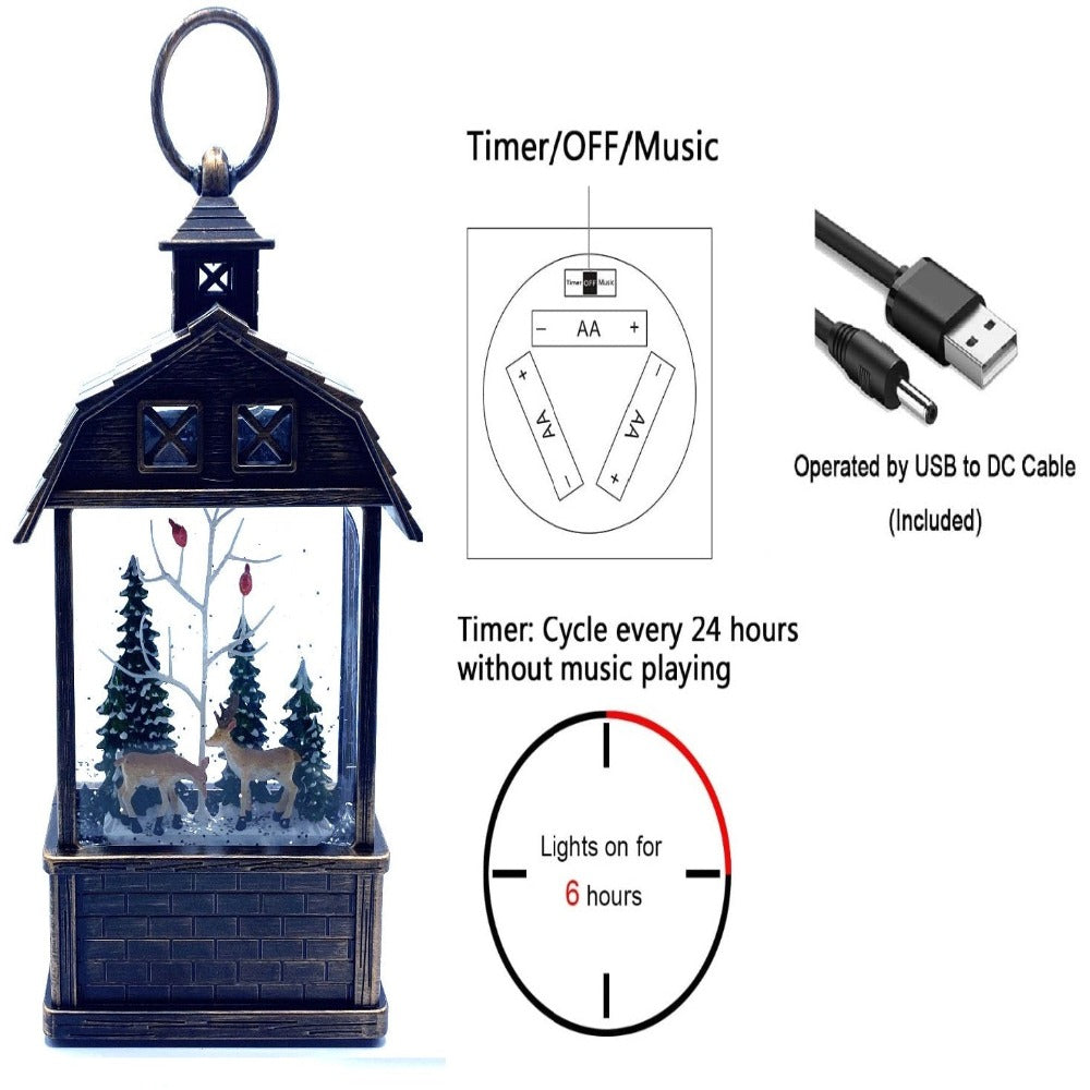 Christmas Snow Globe Lantern Reindeer with Cardinal bird on tree