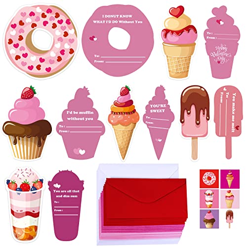 Supla 30 Sets Valentine's Day Cards Scratch Sniff Strawberry Scented Valentine Cards Donut Ice Cream Cupcake Sweet Cards with Stickers Envelopes for Kids Party Favor School Classroom Gift Exchange