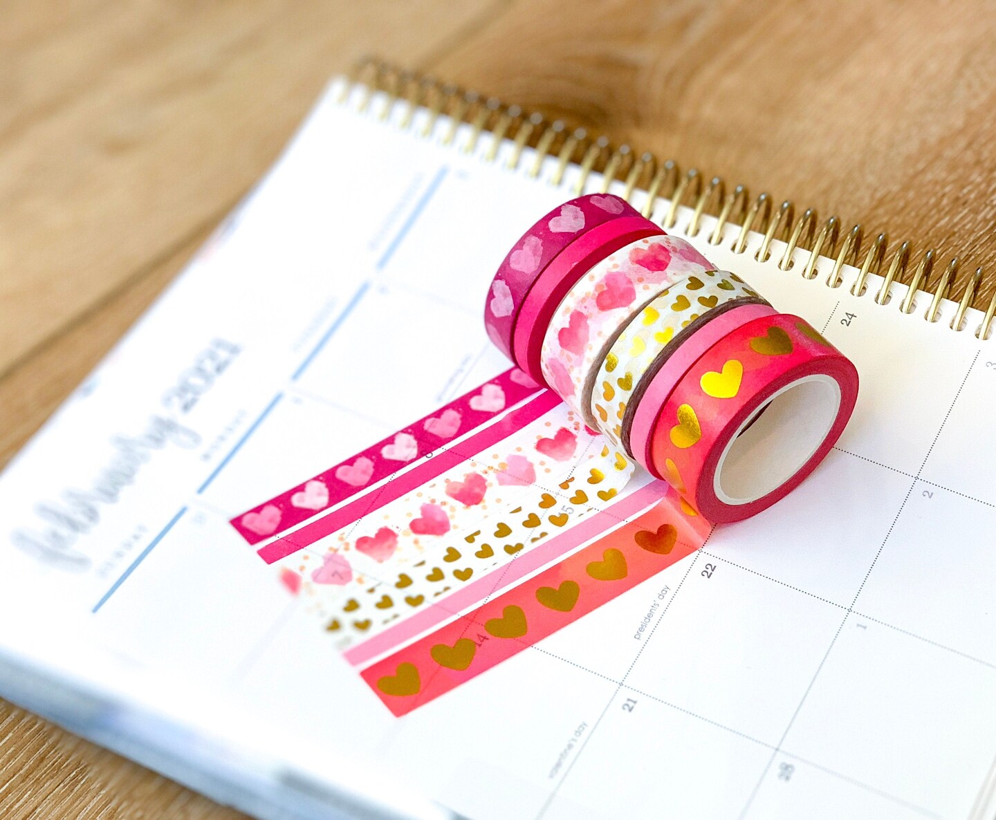 FOILED  Valentine&#x27;s Pink &#x26; Gold Hearts Washi Tape Set (#W014)