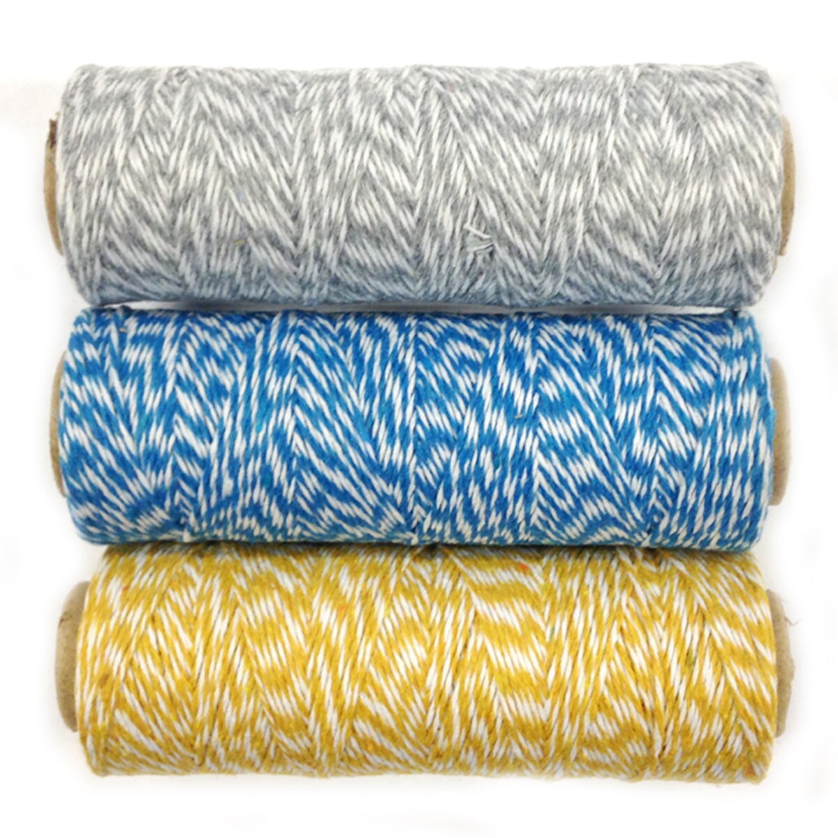 Wrapables Cotton Baker&#x27;s Twine 4ply 330 Yards (Set of 3 Spools x 110 Yards) for Gift Wrapping, Party Decor, and Arts and Craft (Grey, Blue, Dark Yellow)