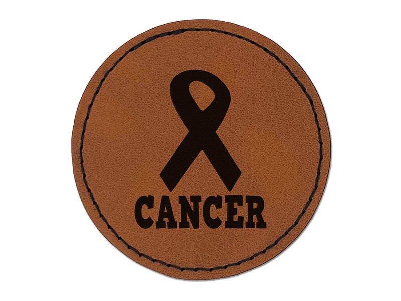 Cancer with Awareness Ribbon Round Iron-On Engraved Faux Leather Patch Applique - 2.5&#x22;