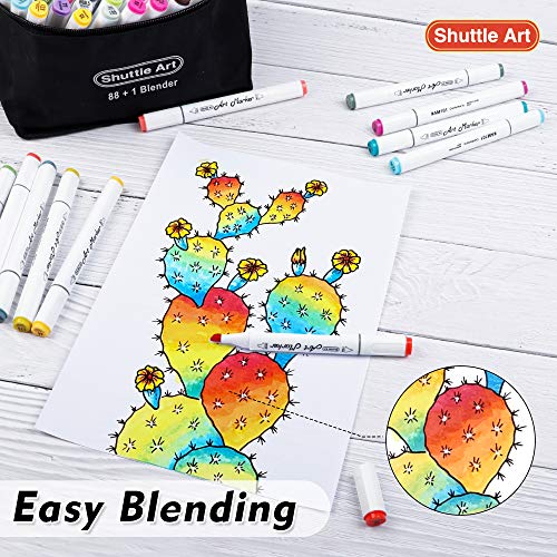 Shuttle Art 88 Colors Dual Tip Alcohol Based Art Markers, 88 Colors Plus 1 Blender Permanent Marker Pens Highlighters with Case Perfect for Illustration Adult Coloring Sketching and Card Making