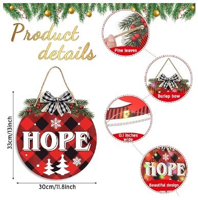 Christmas Hanging Sign Decorations with String Lights Red Black Plaid Front Door Sign Plastic Peace Love Joy Welcome Wreath Sign for Xmas Holiday Party Porch Windows Walls Decor Supplies 6 Pcs