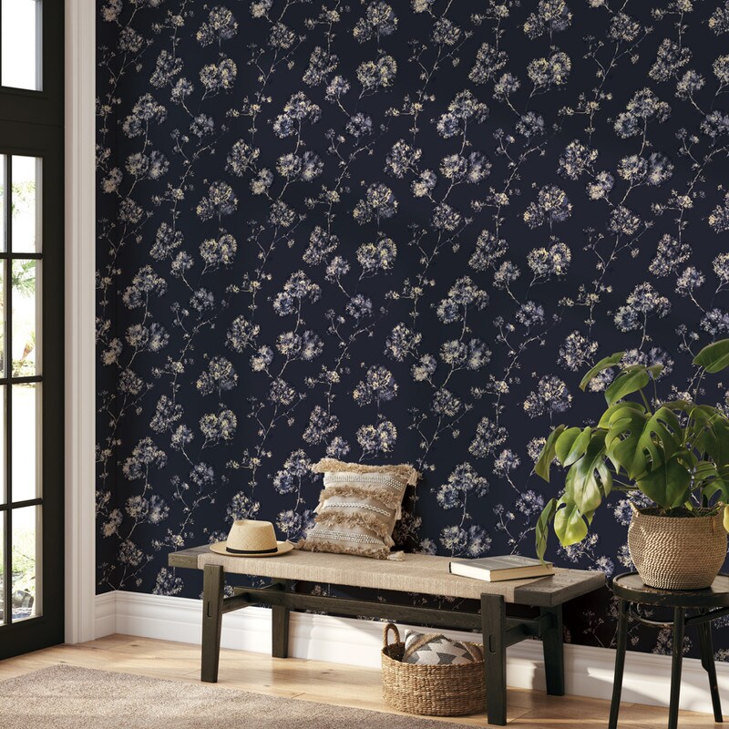 Tempaper Sun-Bleached Floral Peel and Stick Wallpaper Midnight Blue/Yellow