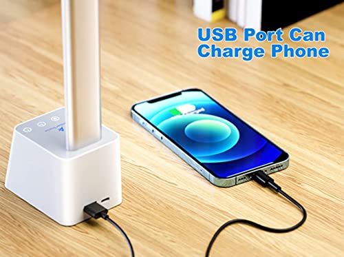 Rechargeable Cordless LED Desk Lamp, 5 Brightness &#x26; 5 Lighting Modes, USB Charging Port, Aluminum Arms, Portable, Dimmable, Touch Control, Auto Timer (White)