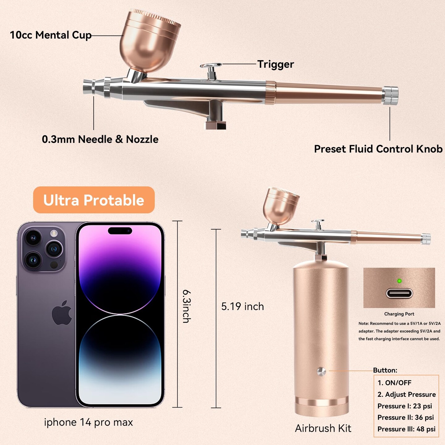 48PSI Airbrush Kit With Compressor - Rechargeable Cordless Non-Clogging High-Pressure Air Brush Set with 0.3mm Nozzle and Cleaning Brush Set for Nail Art, Makeup, Painting, Cake Decor