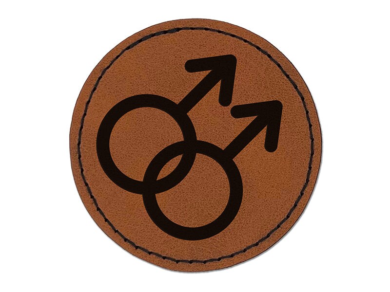 Doubled Male Sign Gay Gender Symbol Round Iron-On Engraved Faux Leather Patch Applique - 2.5&#x22;