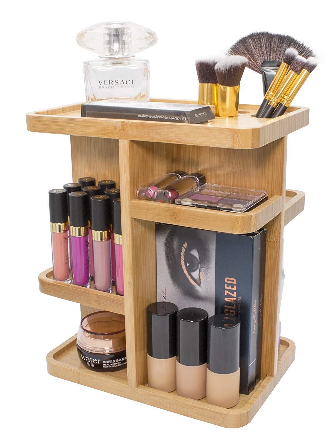 Sorbus 360&#xB0; Bamboo Rotating Makeup Organizer - Multi-Function Storage Carousel stores Cosmetics, Skin Care, and more - Stylish and functional