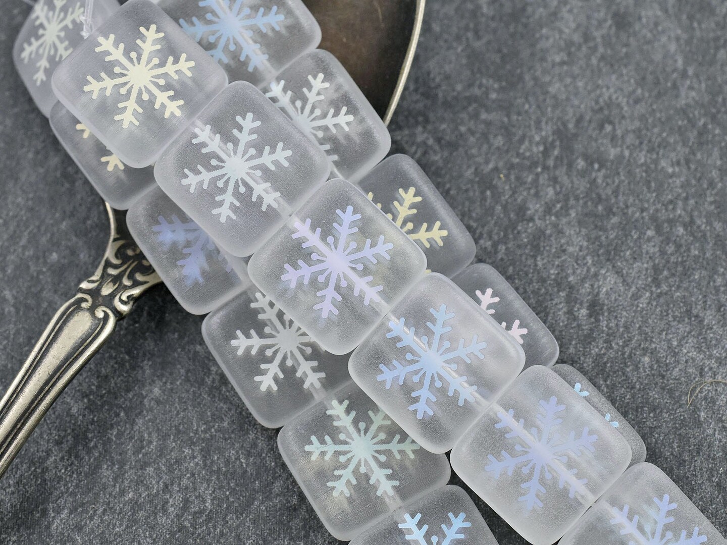 *6* 16mm Laser Etched Soft Matte Crystal Snowflake Square Beads