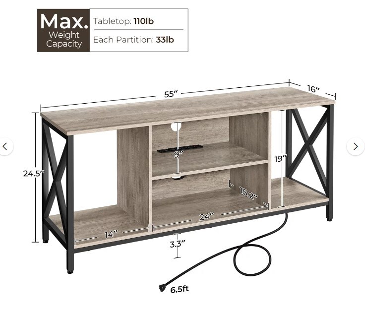 Grey Modern TV Stand for 60-Inch TV with 4-AC Power Outlet