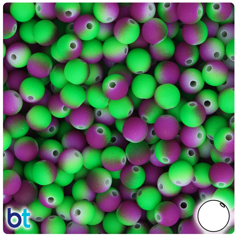 BeadTin Purple & Green Neon Rubberized 8mm Round Plastic Craft Beads (175pcs)