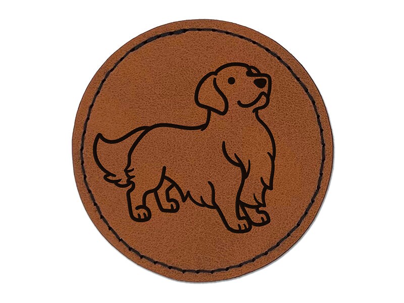Golden Retriever Standing Dog Round Iron-On Engraved Faux Leather Patch Applique - 2.5&#x22;