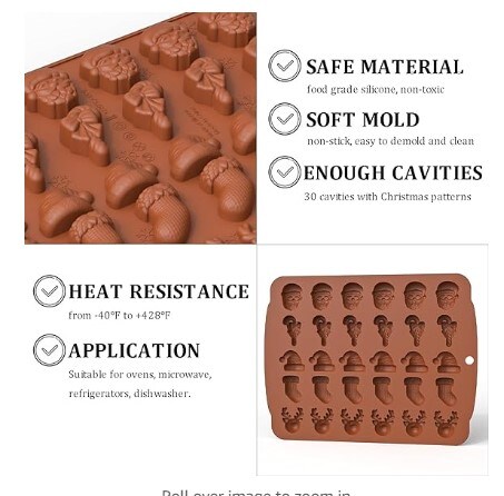 2 Pcs. Christmas Chocolate Molds Gingerbread Silicone Candy Molds Baking Molds Santa Christmas Elk Bell Design for Christmas Party (Red&#x26;Brown)
