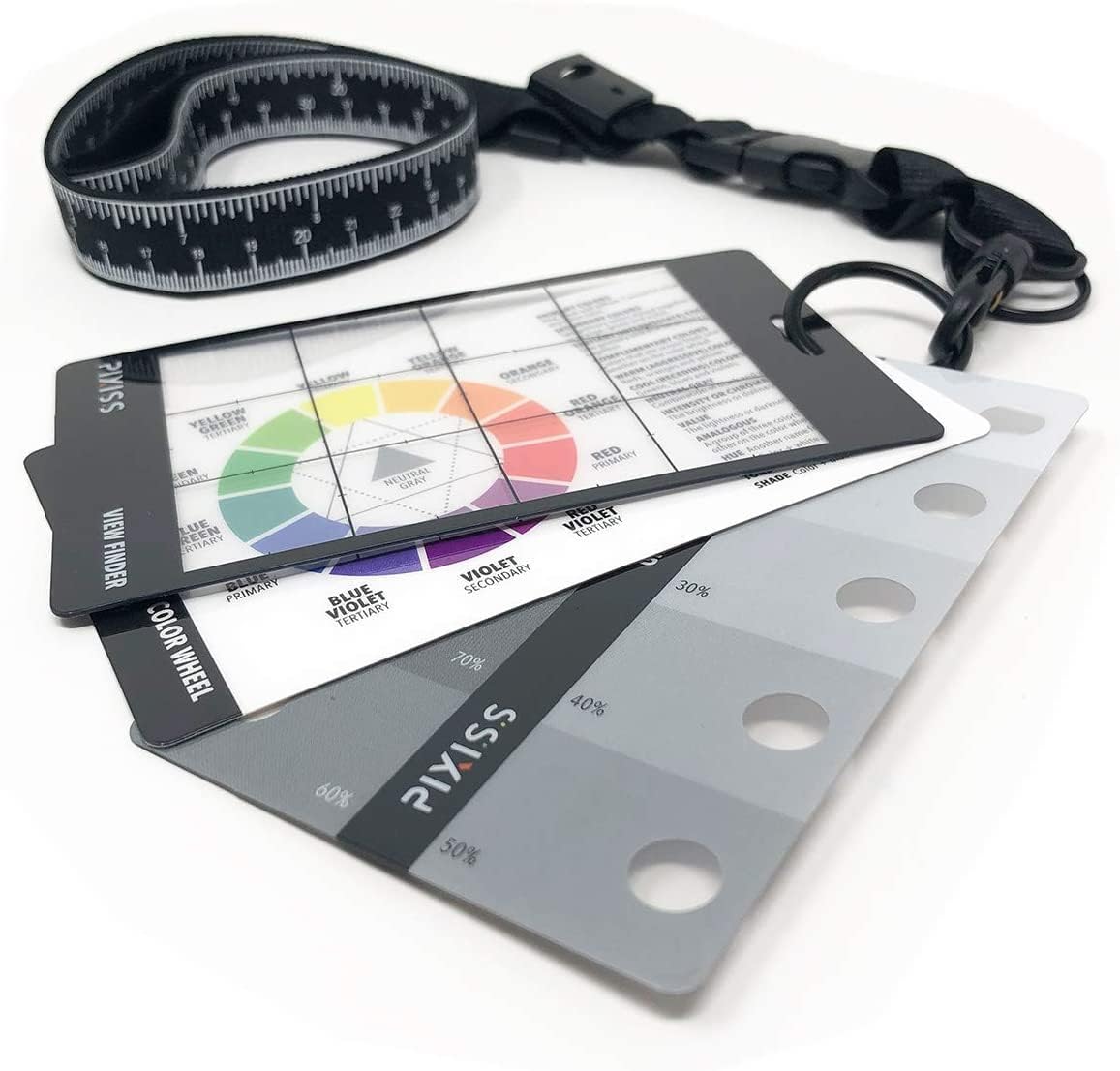 Pixiss Photography Cards and Measuring Lanyard (9 Pack) - Gray Scale Value Finder, Color Wheel, and Scene Composition Flash Cards with Measuring Tape Lanyard