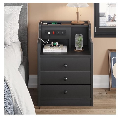 Black bedroom nightstand with charging station, end table with hutch and storage drawers