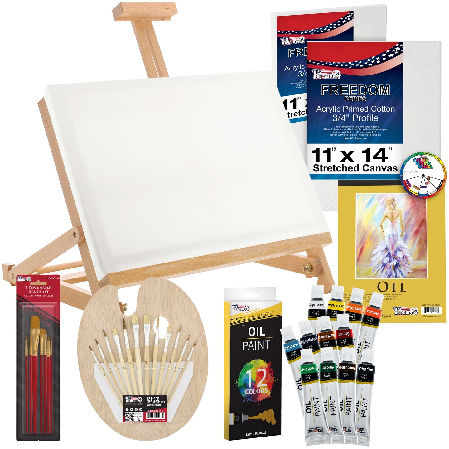 U.S. Art Supply 35Piece Artist Oil Painting Set with Wooden HFrame Studio Easel, 12 Oil Paint