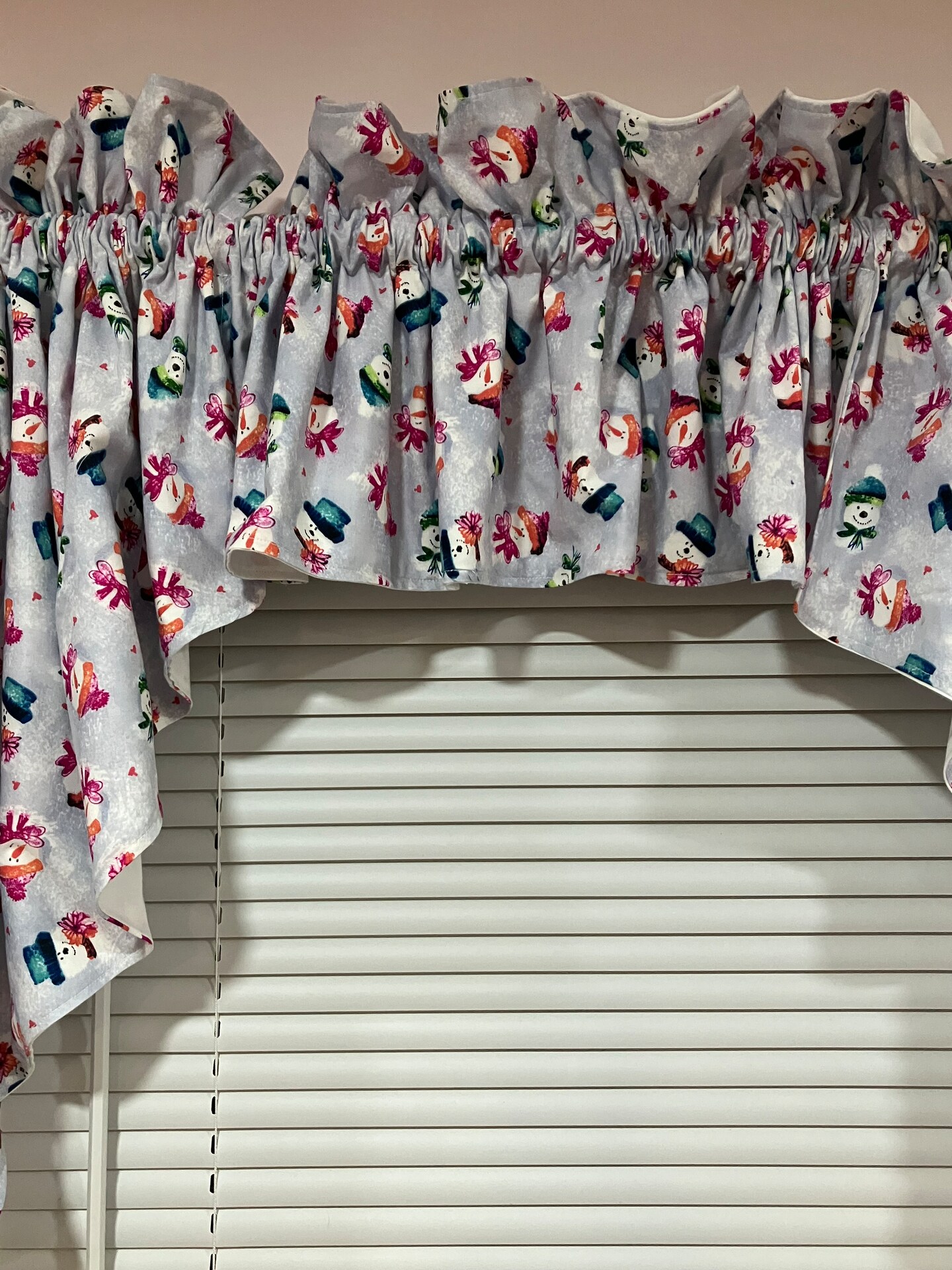 product name is Snowman Print On Blue Background Swag and Valance