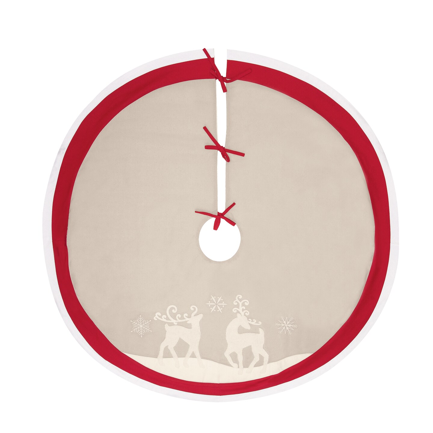 Nordic Christmas Deer on Beige Background with Snowflakes and Red Trim Cotton Christmas Tree Skirt, 54.0-in.