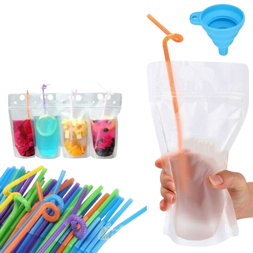 Kitcheniva 100 Pcs Drink Pouches Bags Stand-Up Zipper w/ Straws &#x26; Funnel for Cold &#x26; Hot Drinks