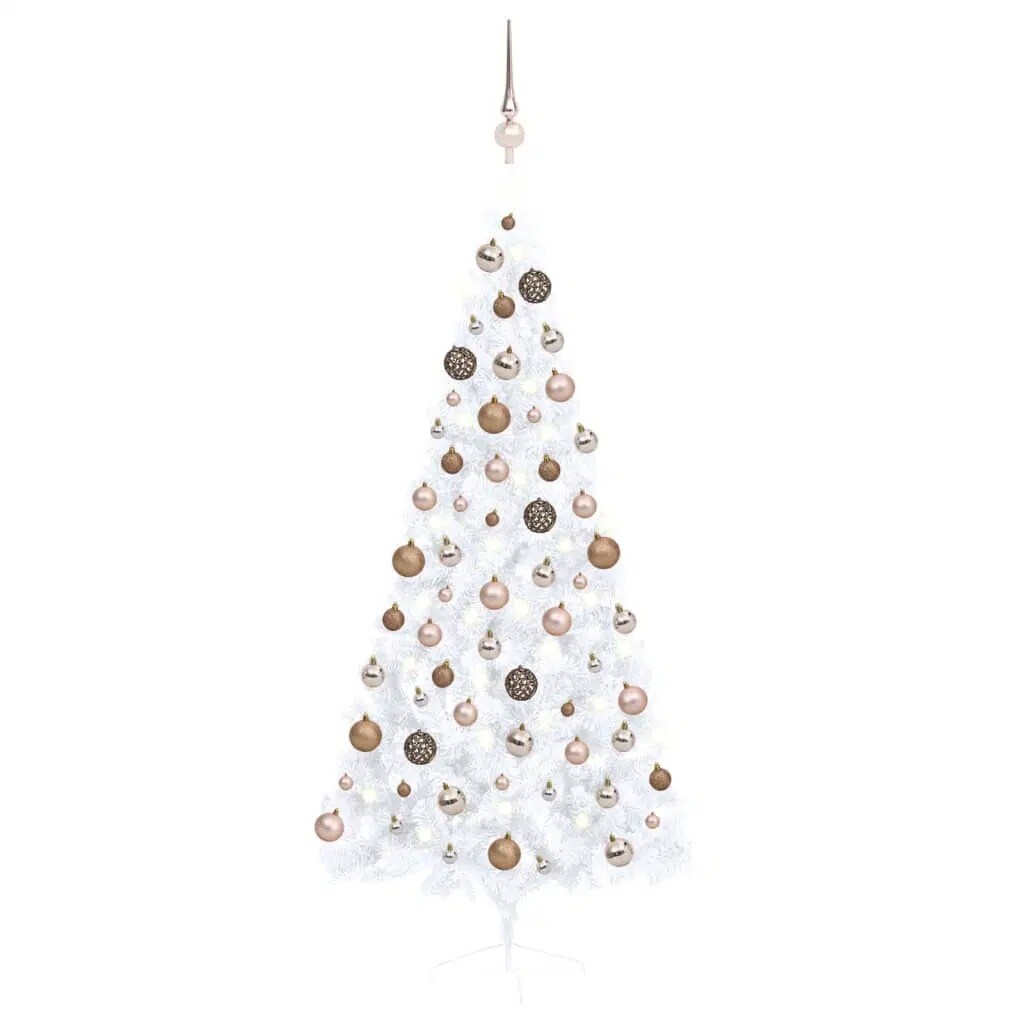 White Artificial Half Christmas Tree with LEDs and Ball Set