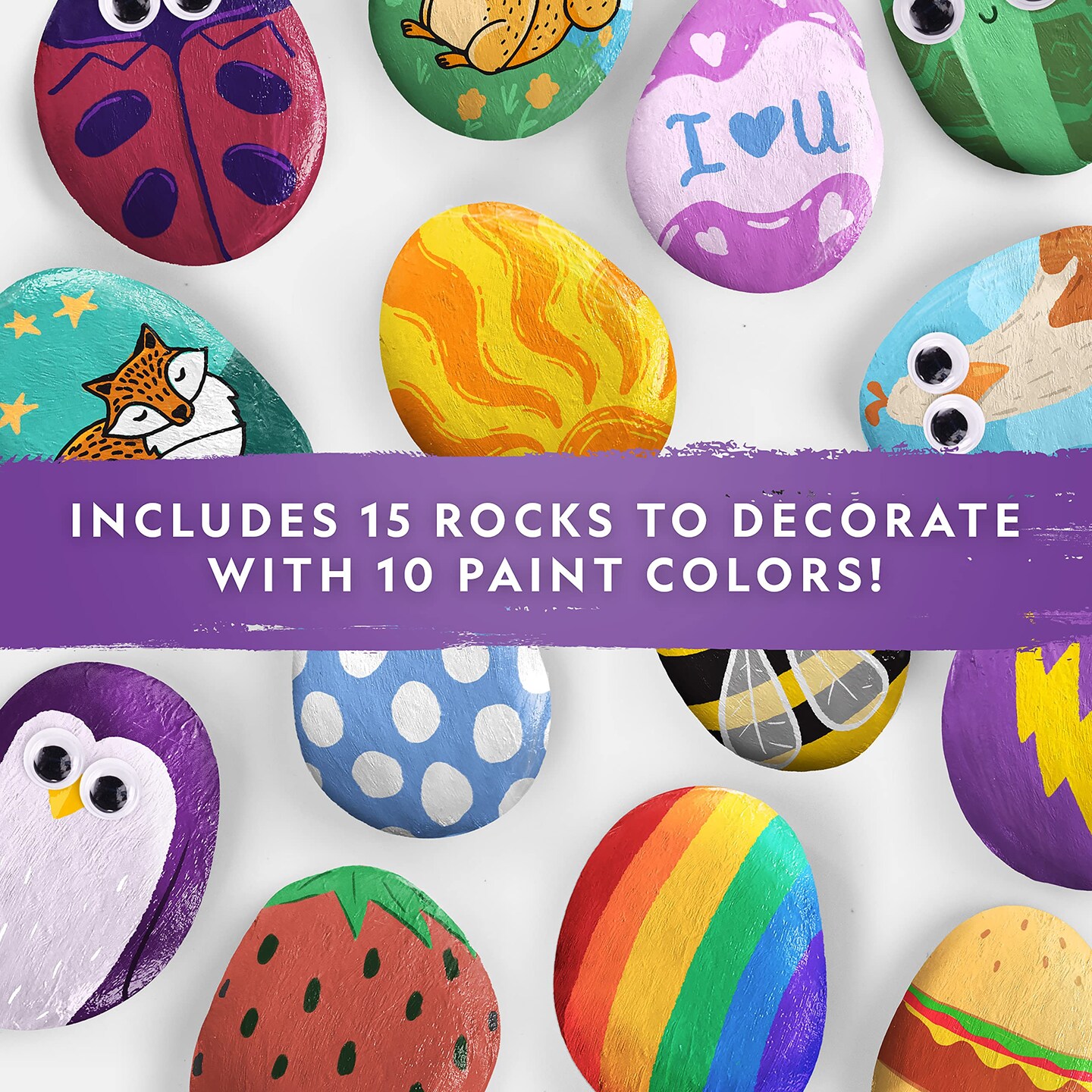 Arts and Crafts Kit for Kids, Paint & Decorate 15 River Rocks with 10 Paint Colors & More Art Supplies, Outdoor Toys for Girls and Boys (Amazon Exclusive)