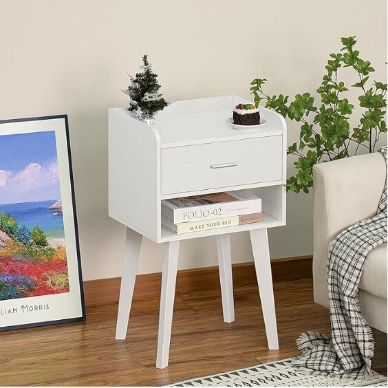 White Nightstand, Modern Bedside Table with Drawer, Small Space End Table, Side Table with Storage, Nightstand for Bedroom/Living Room/Dorm 26.38&#x27;&#x27;H
