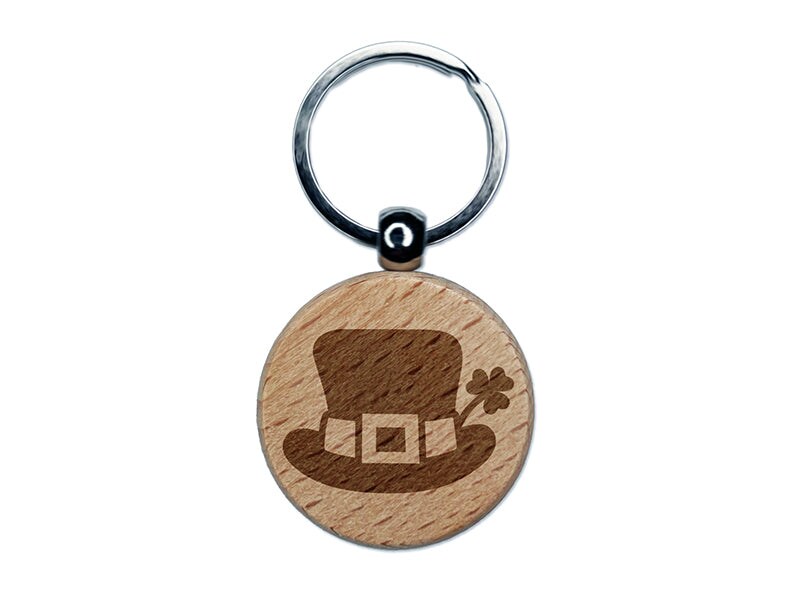 Leprechaun Hat with Shamrock Saint Patrick&#x27;s Day Engraved Wood Round Keychain Tag Charm