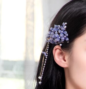 Purple Flowers Hair Pin, Side Hair Clip, Tassels Hair Stick, Pearl