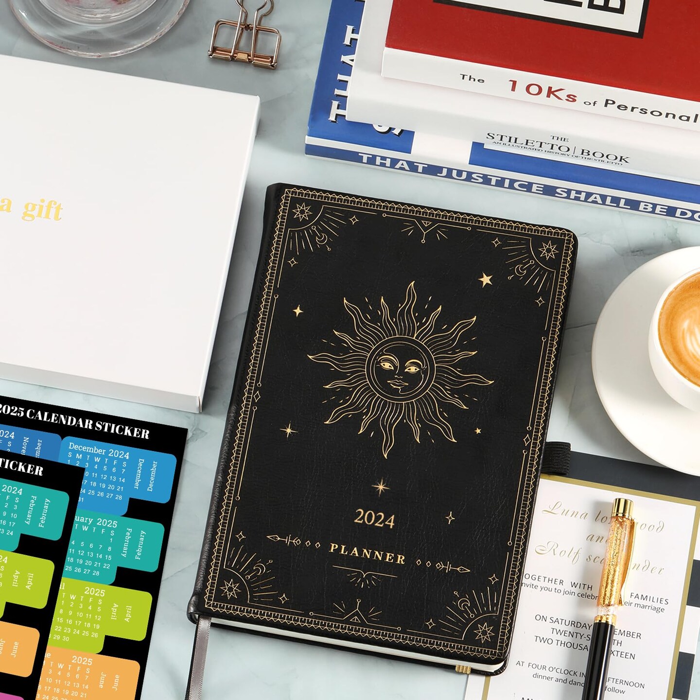 Weekly Monthly Planner 2024, January 2024 - December 2024, 5.75&#x22; x 8.25&#x22;, Faux Leather Planner 2024, Back Pocket with 40 Notes Pages - The Sun