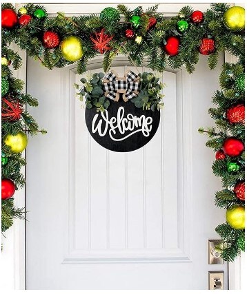 Farmhouse Wreath Wall Decor 30cm Round Wooden Hanging Housewarming Welcome Sign for Front Door Porch Decor Outdoor and Indoor Home Decor (Black)