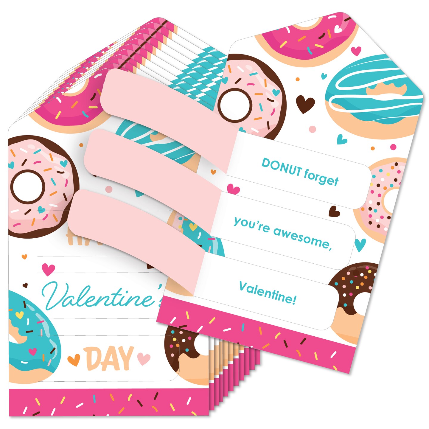 Big Dot of Happiness Donut Worry, Let&#x27;s Party - Doughnut Cards for Kids - Happy Valentine&#x27;s Day Pull Tabs - Set of 12