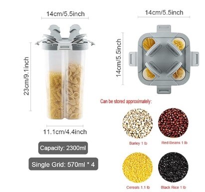 Clear 2.3L Airtight Kitchen Food Storage Container with Lids and Compartments for Grain, Sugar, Flour, Rice, Nuts, and Snacks