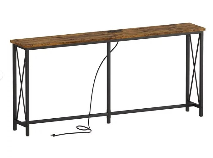 Entryway Table with Metal Frame, X-Shaped Design, 2 Outlets &#x26; 2 USB Ports, Narrow Sofa Table for Living Room, Hallway, Rustic Brown 70 inch Console Table with Power Outlets