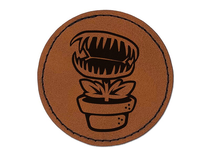 Venus Fly Trap Carnivorous Plant Round Iron-On Engraved Faux Leather Patch Applique - 2.5&#x22;