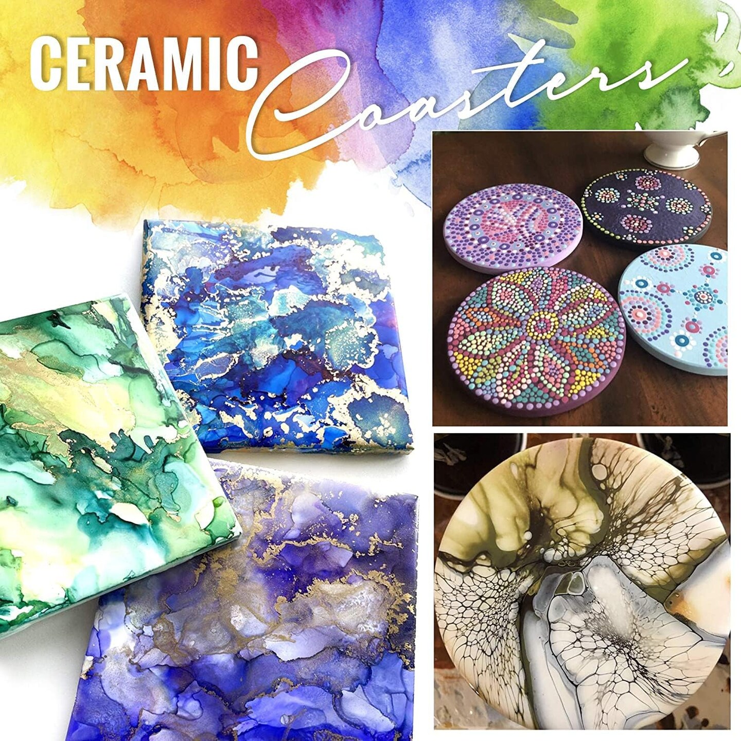 50 Blank Ceramic Tiles for Coasters and Mosaics - 4x4 Ceramic White Tiles (Unglazed) with Cork Backing Pads for Use With Alcohol Ink or Acrylic Pouring