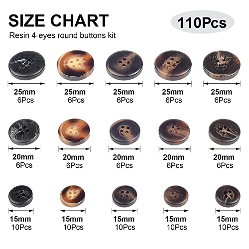 110 Pieces Mixed Sewing Buttons, 4-Hole Craft Round Blazer Buttons, 5 Color 3 Size(15mm,20mm,25mm) Suit Coats Resin Button, Suitable for Variety Clothing Sewing, DIY Craft(Brown)