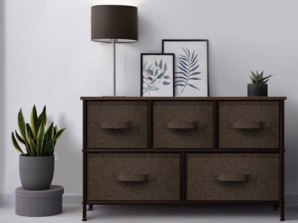 Sorbus Dresser with 5 Drawers - Storage Chest Organizer Unit with Steel Frame, Wood Top, Easy Pull Fabric Bins - Long Wide TV Stand for Bedroom Furniture, Hallway, Closet & Office Organization