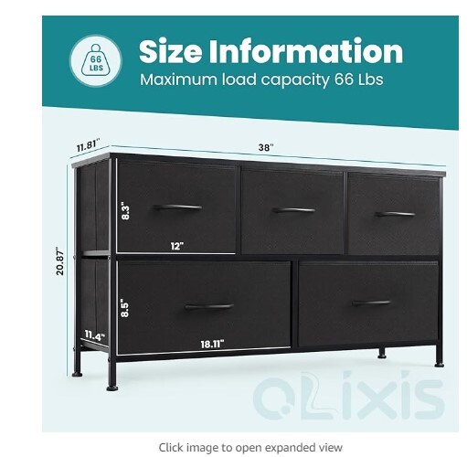 Organizer Storage 5: Long Dresser with Wood Top for Bedroom, Closet, and Entryway, Black Chest of Drawers with Fabric Bins