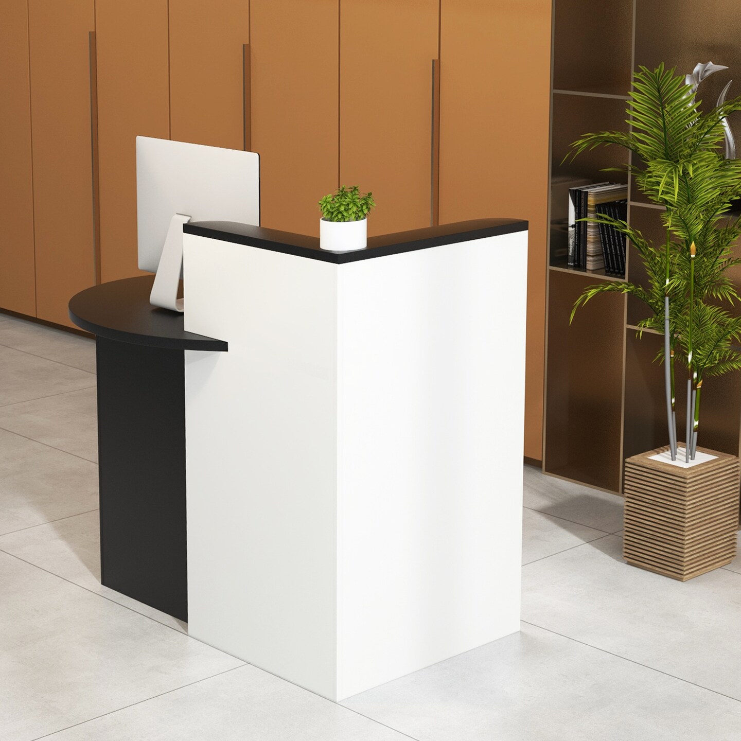 Front Reception Office Desk with Open Shelf and Lockable Drawer-Black &#x26; White