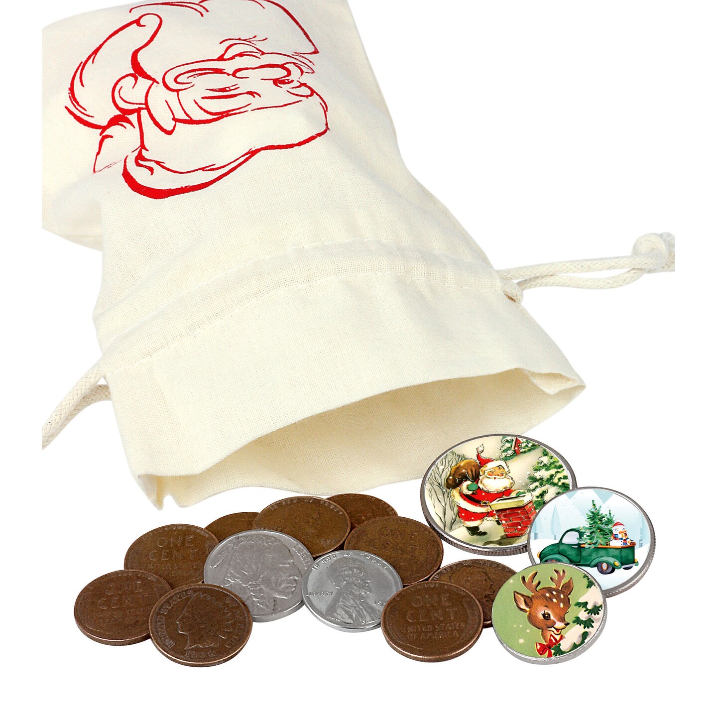 Rare Coins and Colorized Vintage Christmas Coin Collection in Santa Canvas Bag